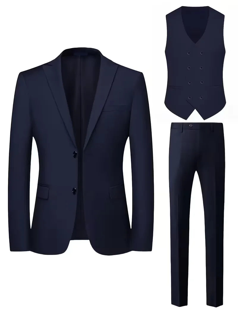 Erasmus | Men's Slim Fit Double-Breasted Three-Piece Suit Set with Waistcoat