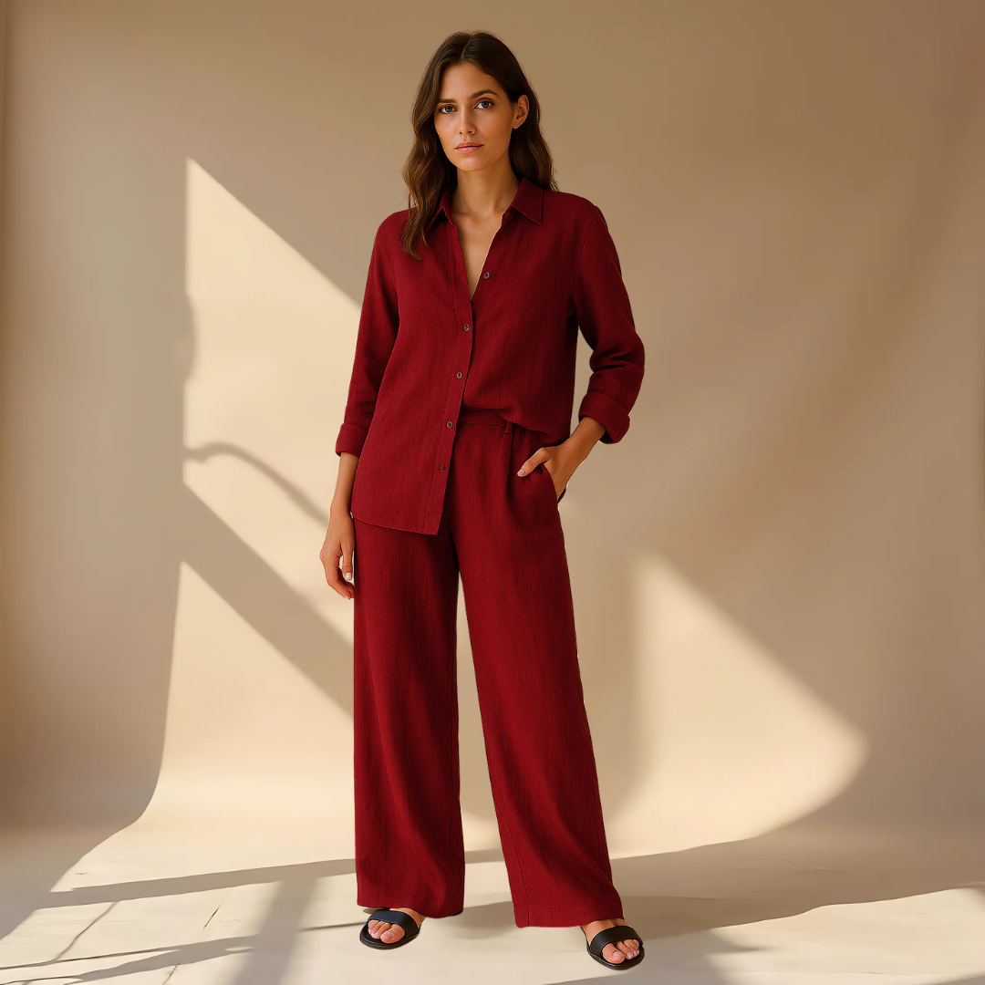 Hedda | Women’s Linen Shirt Wide Leg Trousers Set — TOPNEWPLACE (view 3)