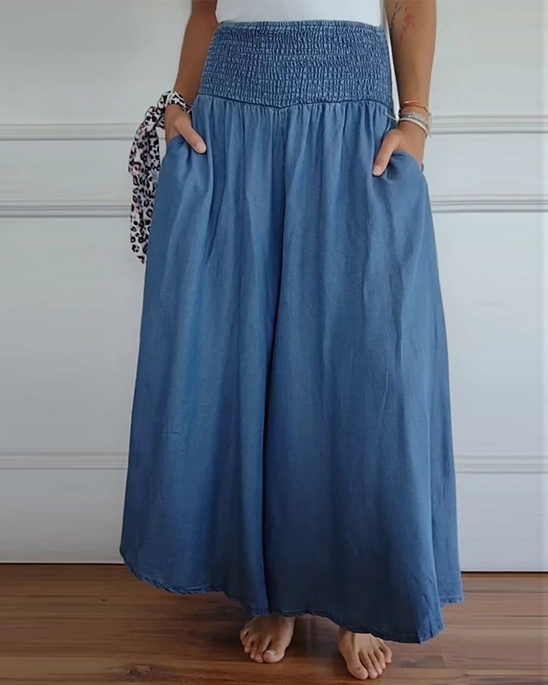 Coleen | Women’s Shirred Waist Chambray Skirt-Style Pants — TOPNEWPLACE