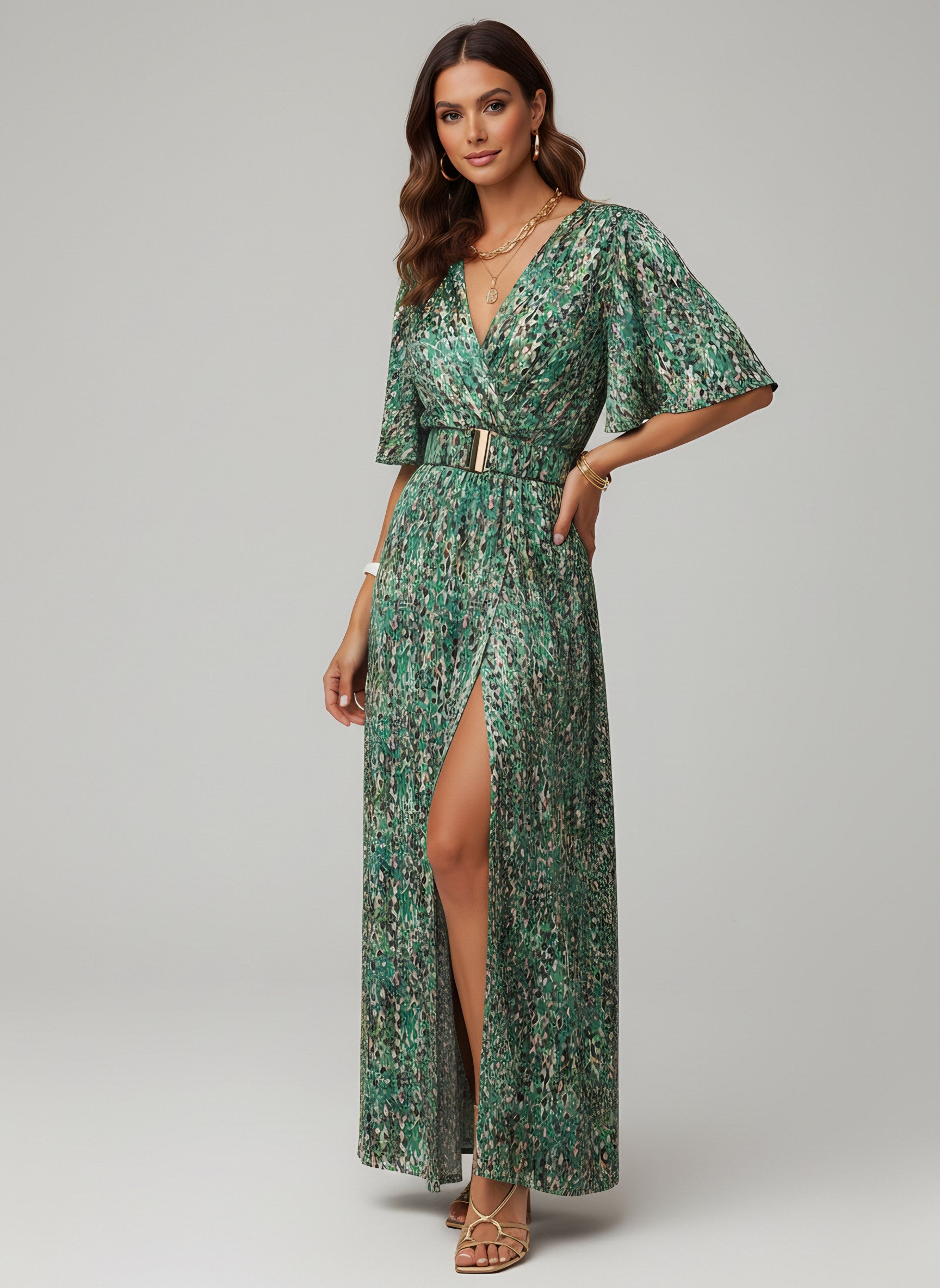 Women's Short Sleeve Wrap High Slit Maxi Dress — view 2