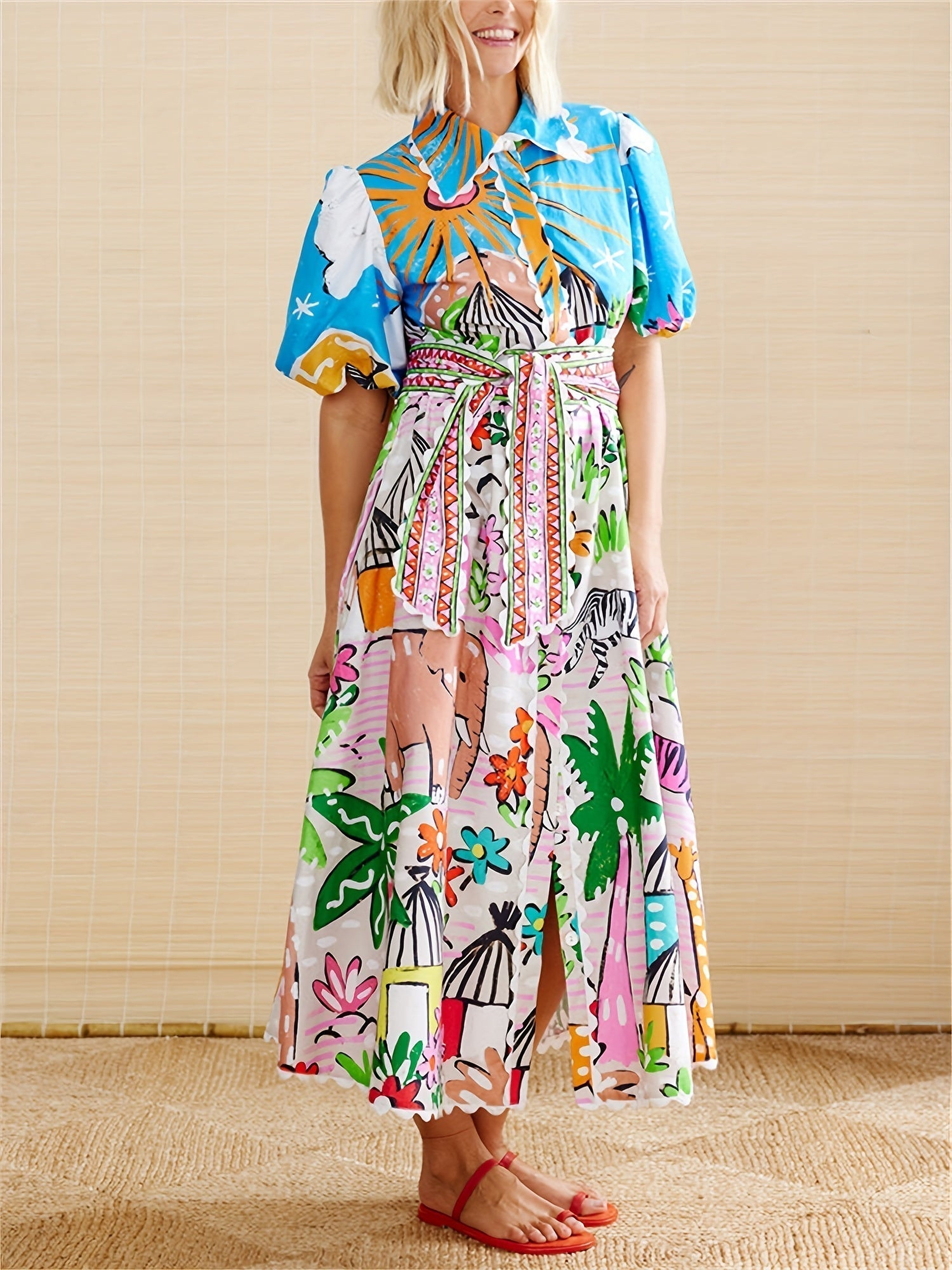 Women's Short Sleeve Printed Shirt Maxi Dress — view 5