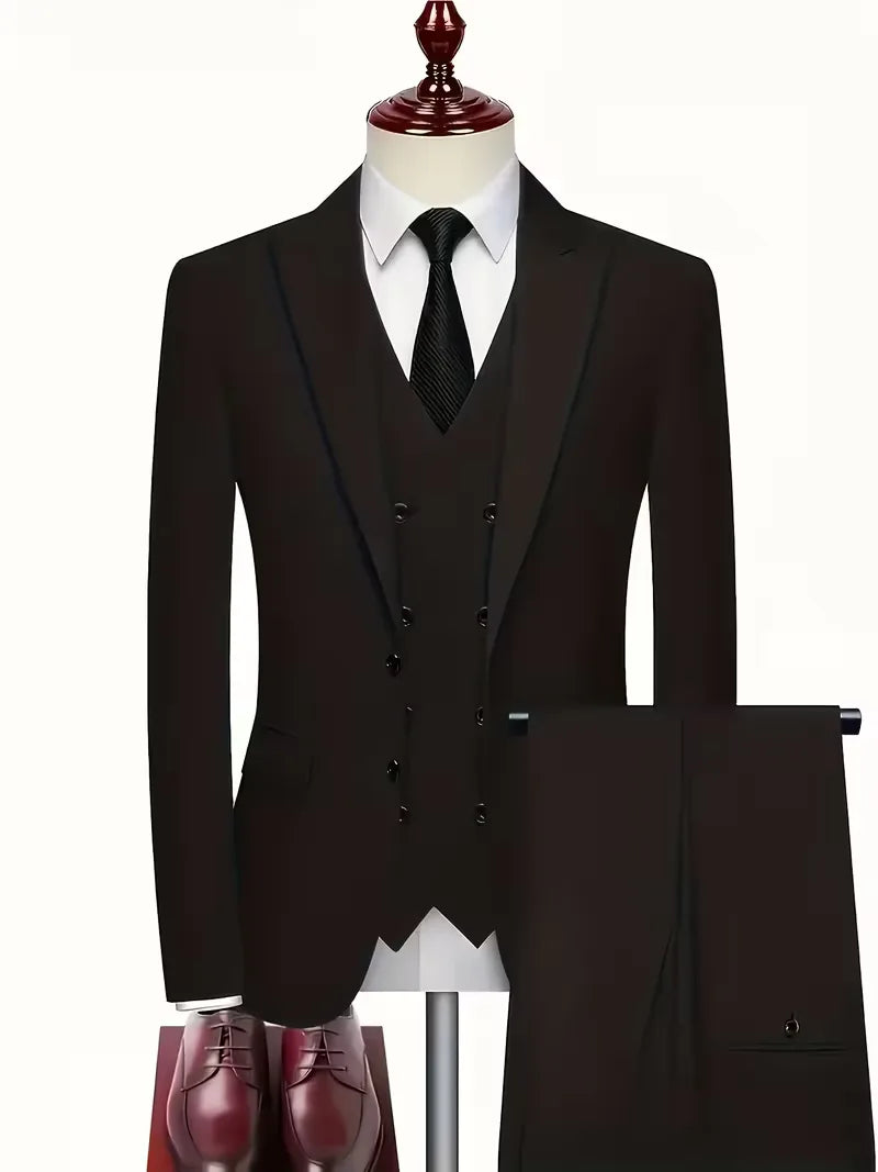 Erasmus | Men's Slim Fit Double-Breasted Three-Piece Suit Set with Waistcoat