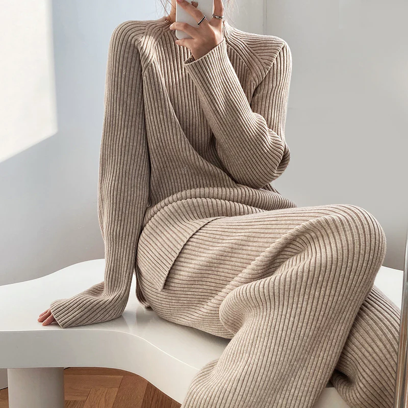 Jelena | Women’s Long Sleeve Ribbed Knit Wide Leg Two-Piece Set — TOPNEWPLACE (view 2)