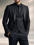 Erasmus | Men's Slim Fit Double-Breasted Three-Piece Suit Set with Waistcoat