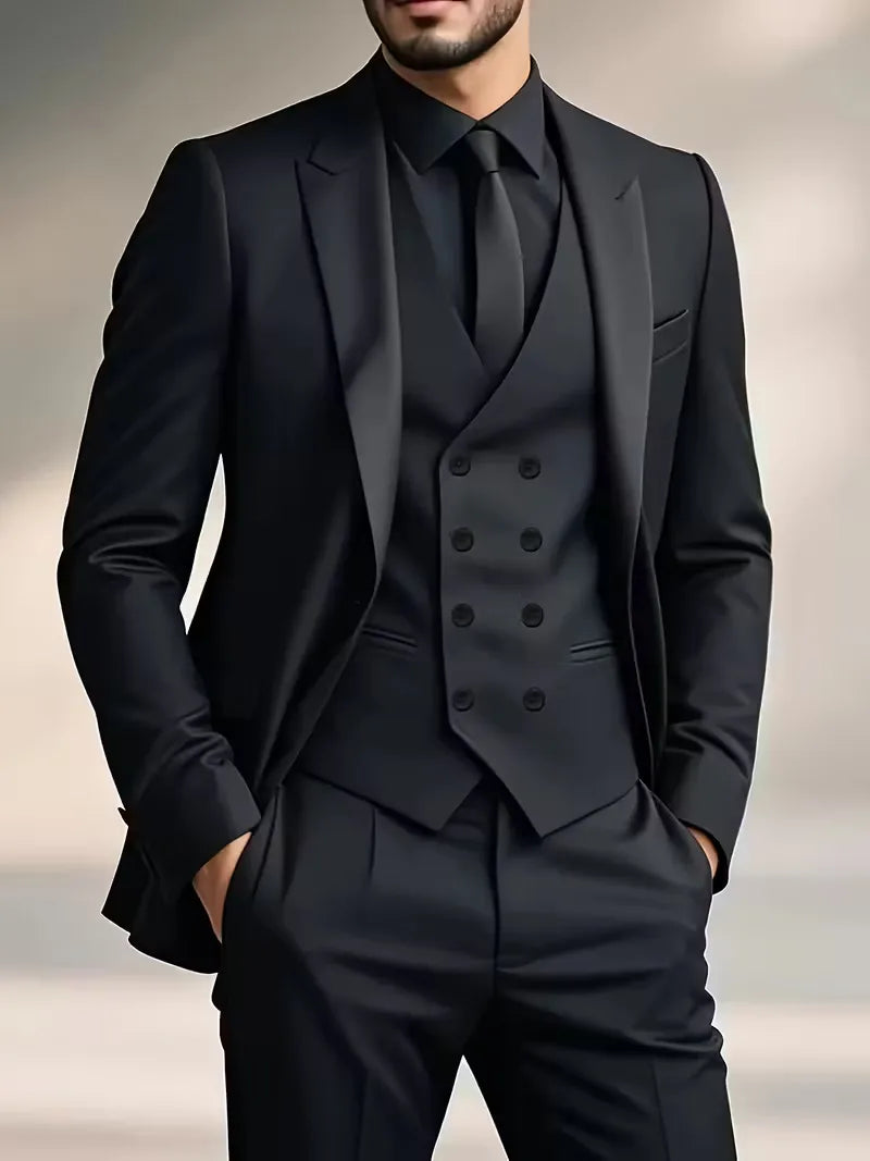 Erasmus | Men's Slim Fit Double-Breasted Three-Piece Suit Set with Waistcoat