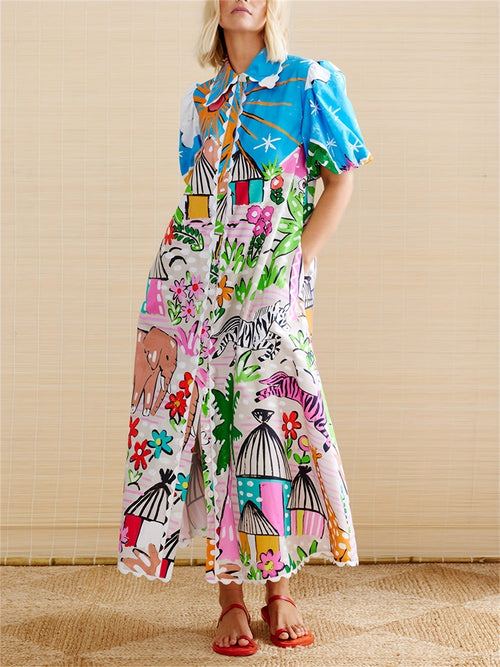 Women's Short Sleeve Printed Shirt Maxi Dress — view 1