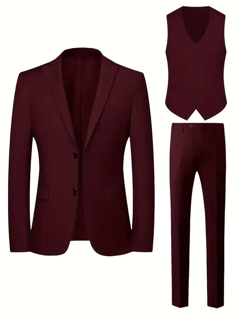 Erasmus | Men's Slim Fit Double-Breasted Three-Piece Suit Set with Waistcoat