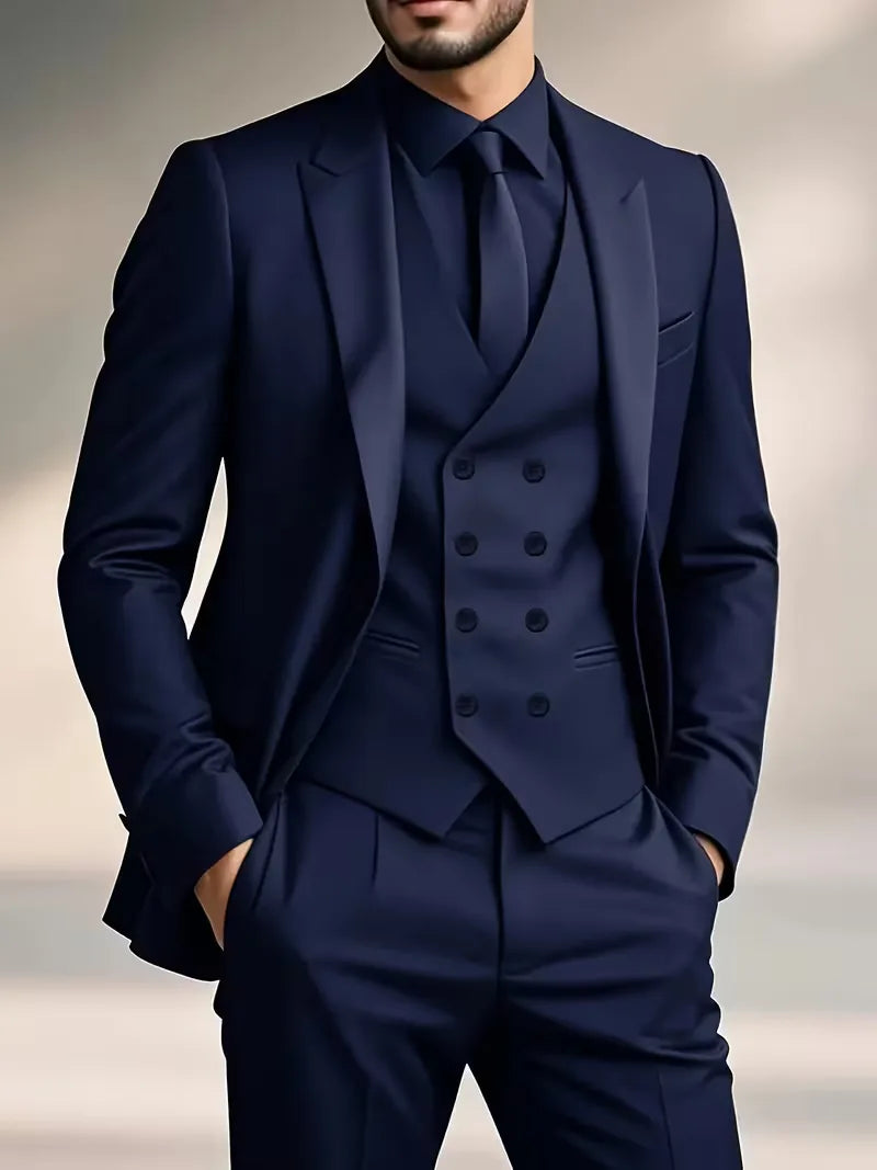 Erasmus | Men's Slim Fit Double-Breasted Three-Piece Suit Set with Waistcoat