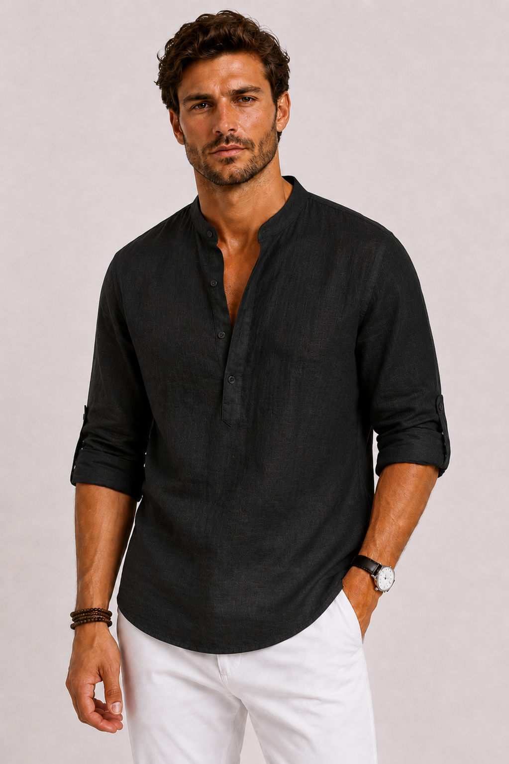 Ignatius | Men's Linen Shirt with Stand Collar