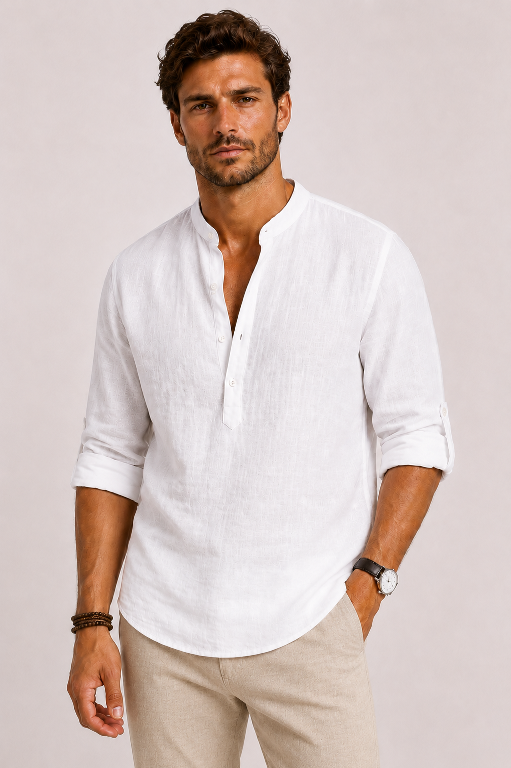 Ignatius | Men's Linen Shirt with Stand Collar