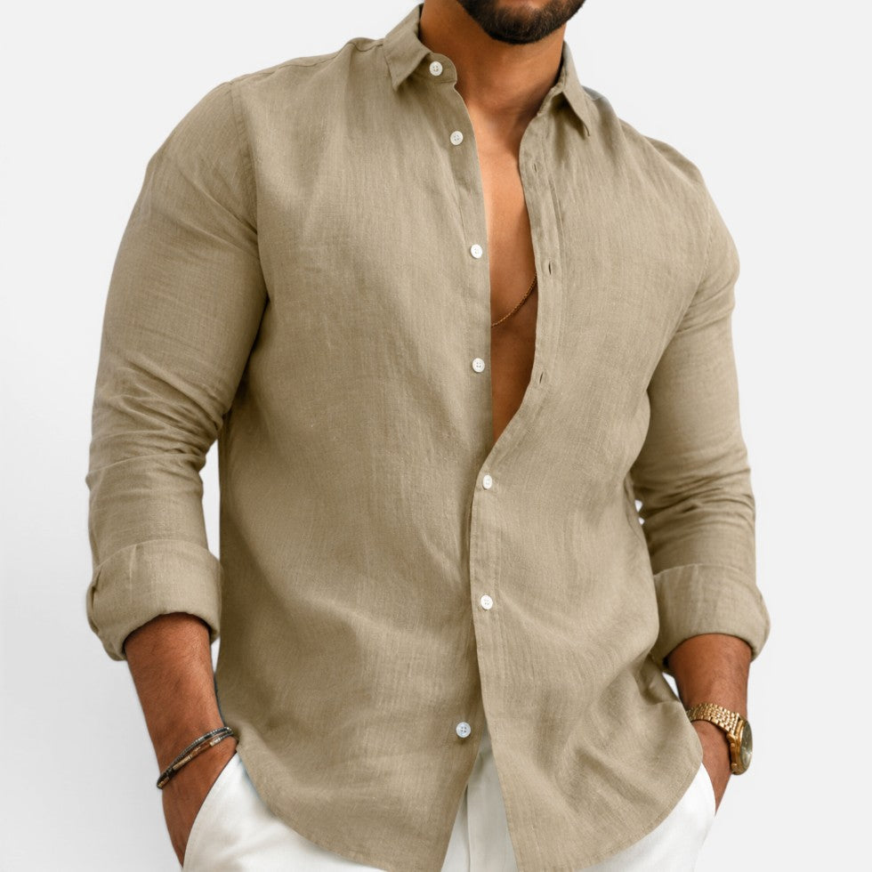Mens Linen Look Button Shirt — Breathable