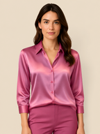 Satin Shirt Point Collar Button Front Long Sleeve — Breathable