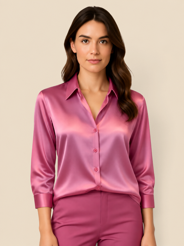Satin Shirt Point Collar Button Front Long Sleeve — Breathable