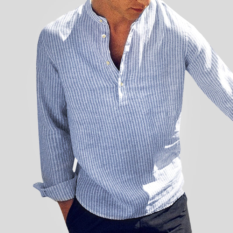 Isidore | Men's Striped Cotton-Linen Shirt with Henley Collar