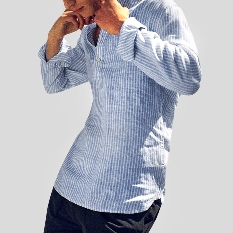 Isidore | Men's Striped Cotton-Linen Shirt with Henley Collar