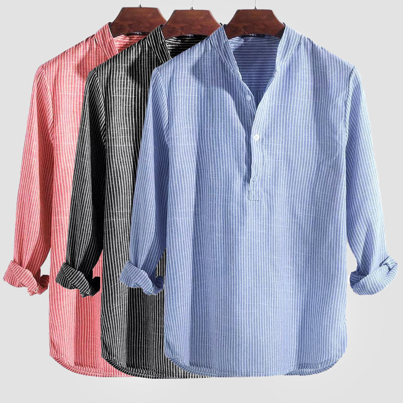 Isidore | Men's Striped Cotton-Linen Shirt with Henley Collar