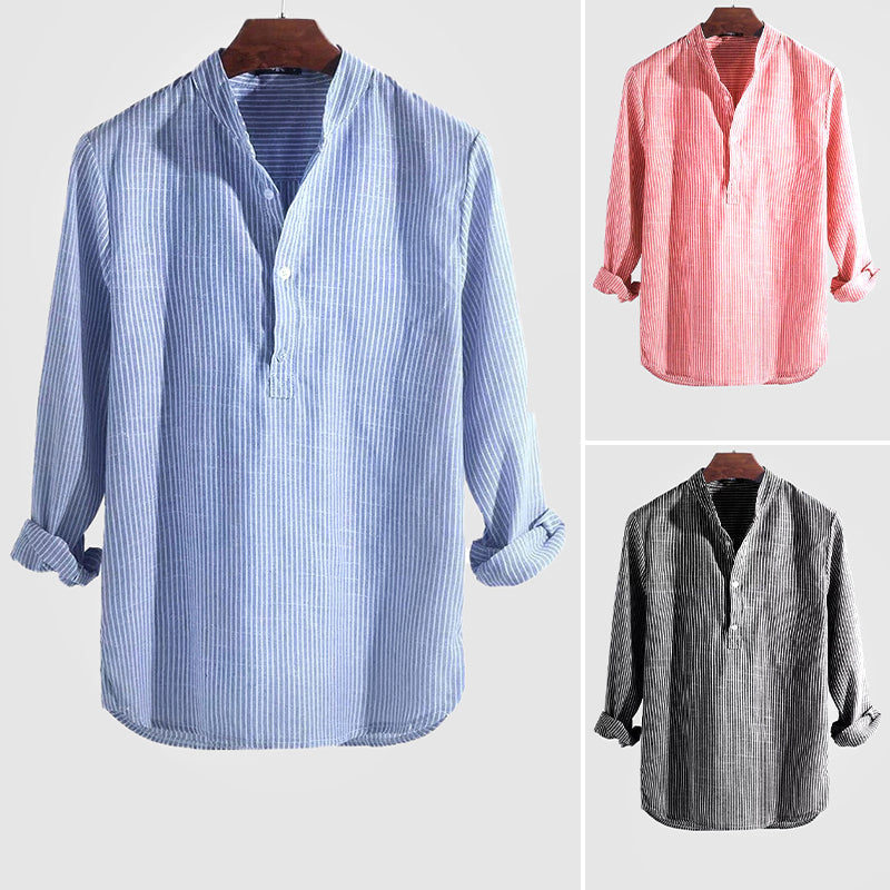 Isidore | Men's Striped Cotton-Linen Shirt with Henley Collar