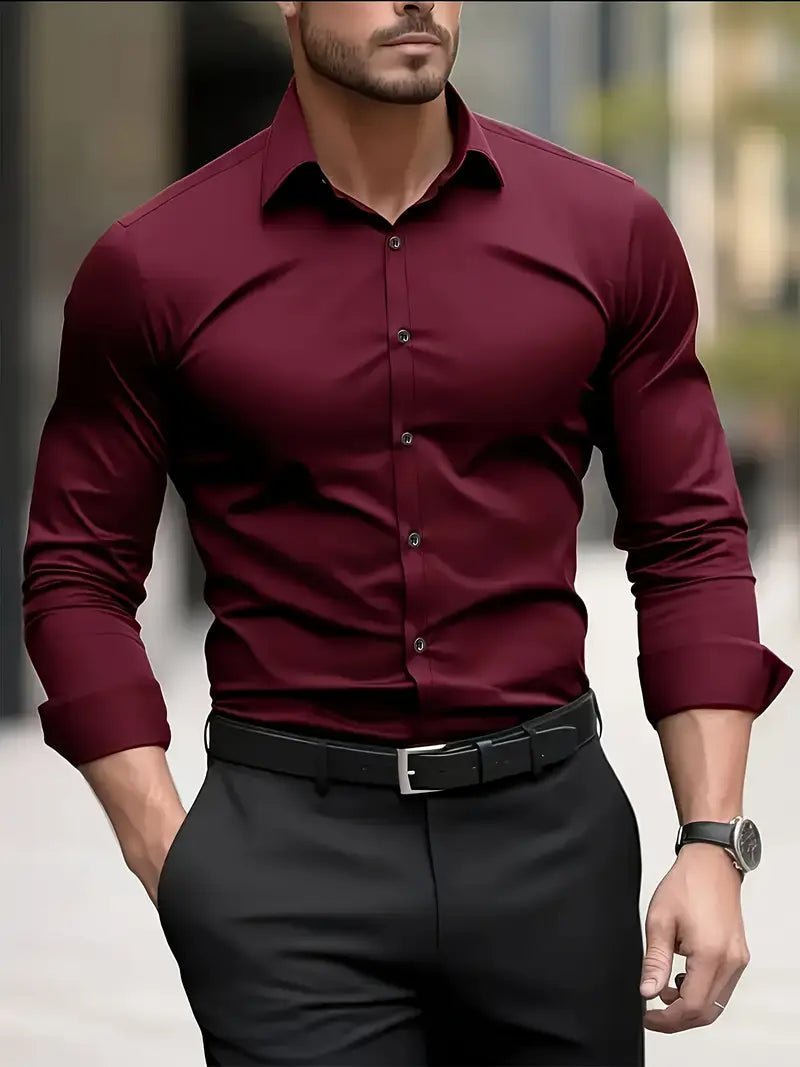 Men's Slim Fit Shirt with Spread Collar and Button Front