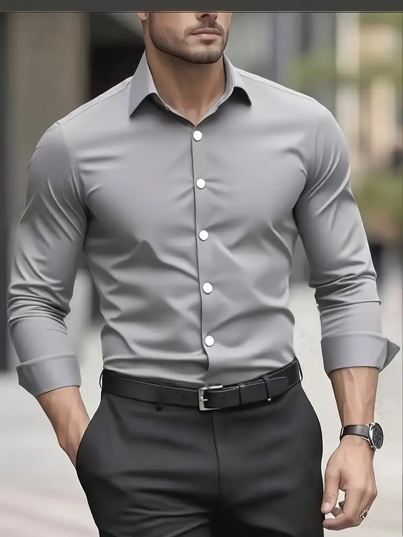 Men's Slim Fit Shirt with Spread Collar and Button Front