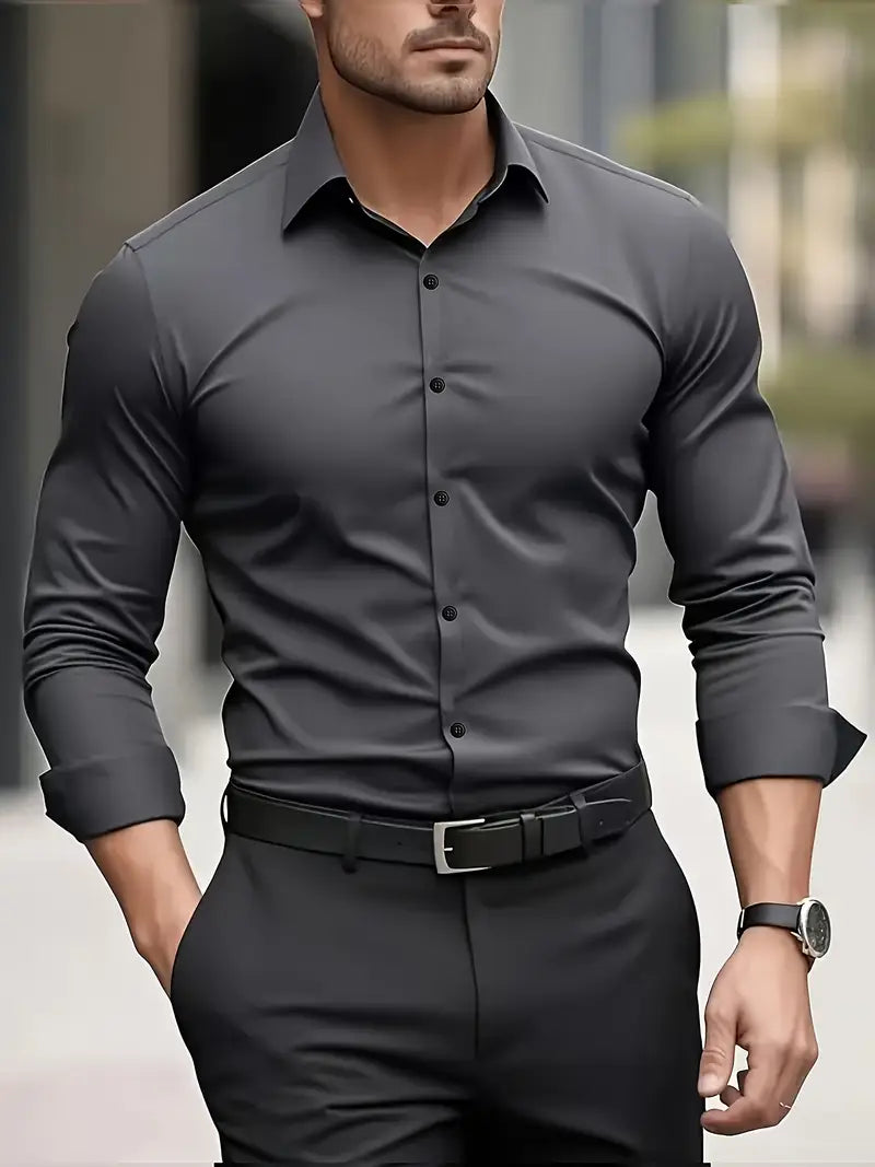 Men's Slim Fit Shirt with Spread Collar and Button Front