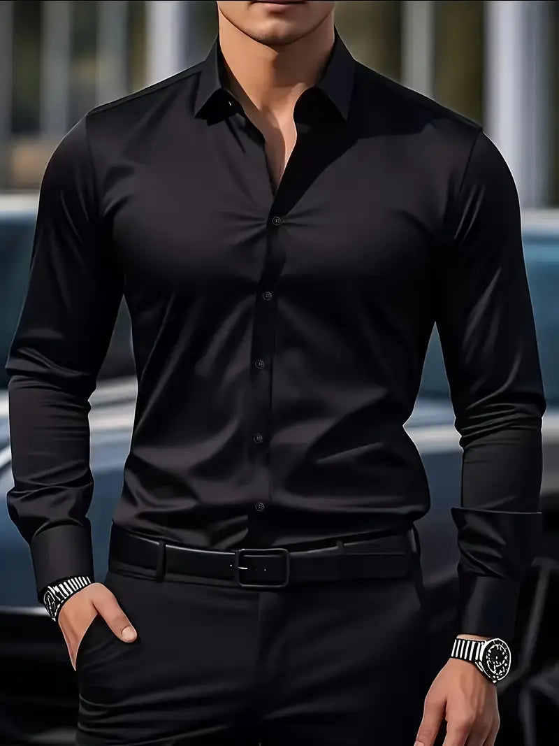 Men's Slim Fit Shirt with Spread Collar and Button Front