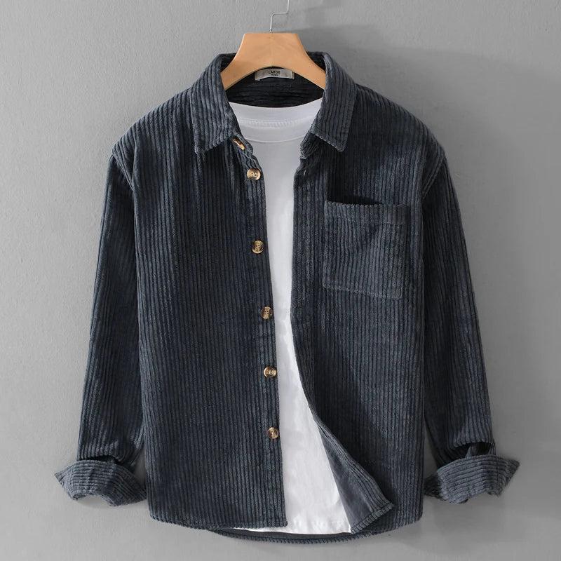 Men's Corduroy Shirt with Point Collar and Chest Pocket
