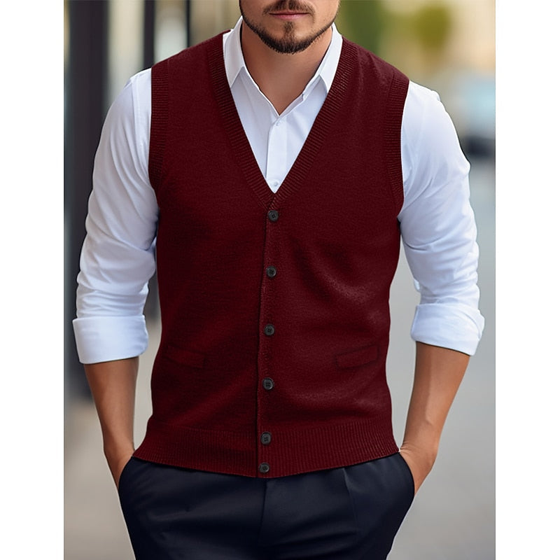 Men's Sleeveless Cardigan with V-Neck and Welt Pockets
