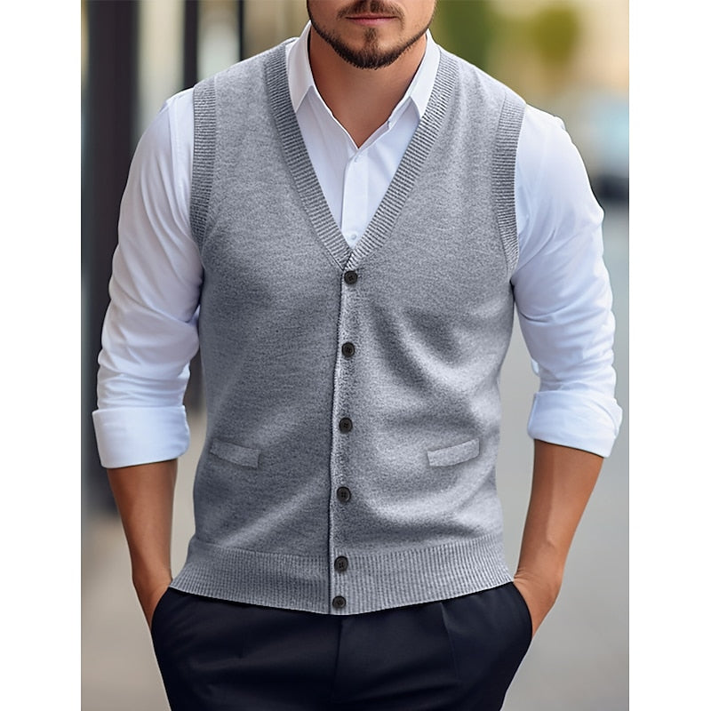 Men's Sleeveless Cardigan with V-Neck and Welt Pockets