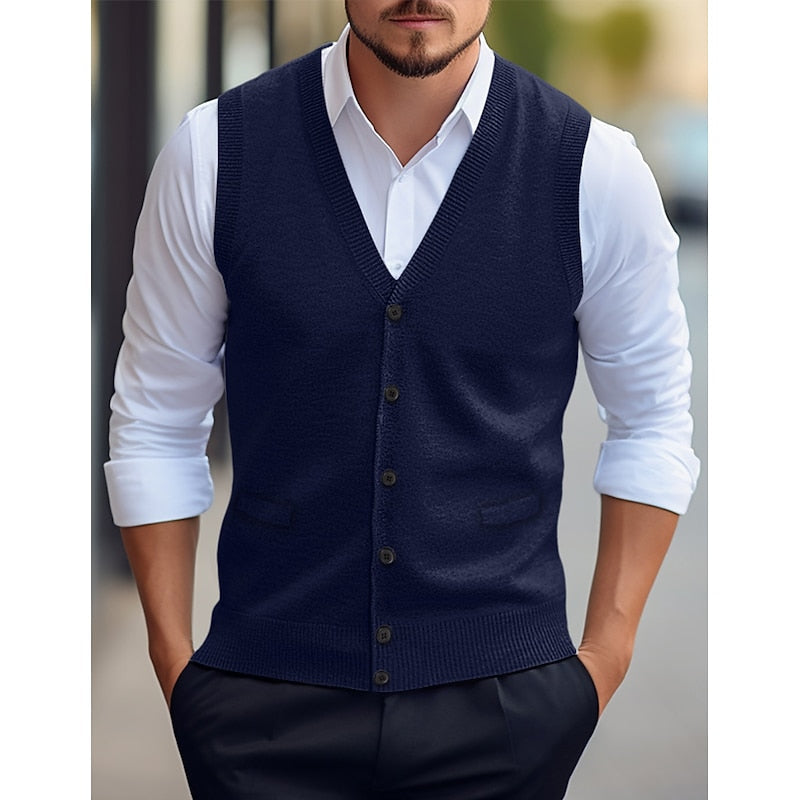 Men's Sleeveless Cardigan with V-Neck and Welt Pockets