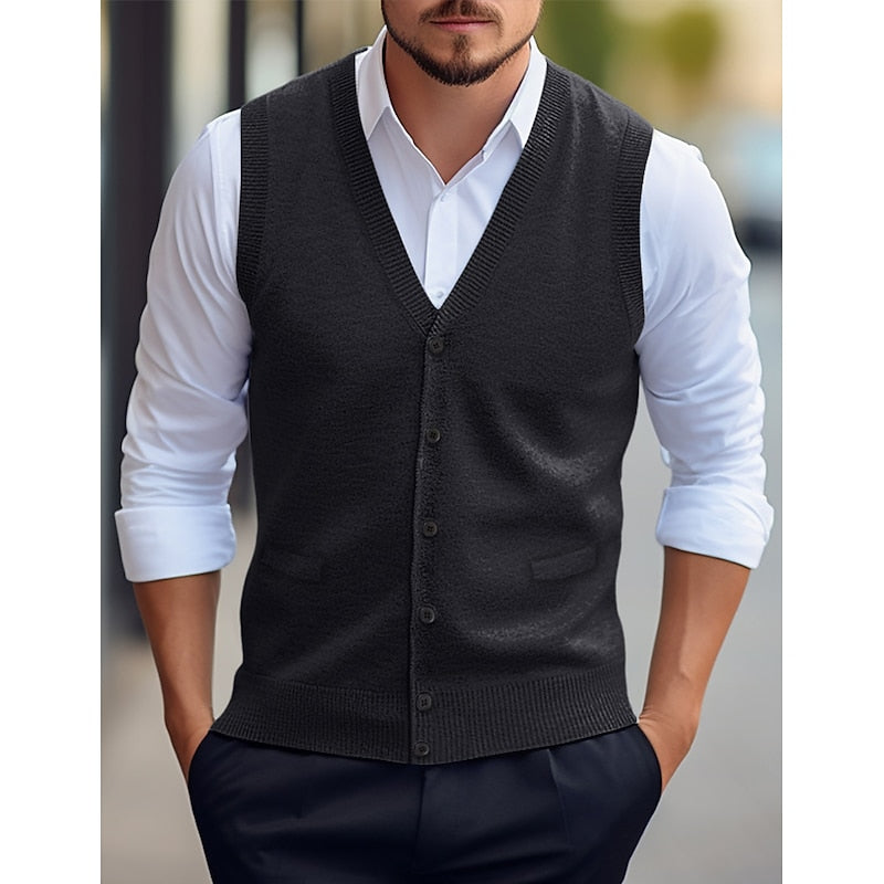 Men's Sleeveless Cardigan with V-Neck and Welt Pockets