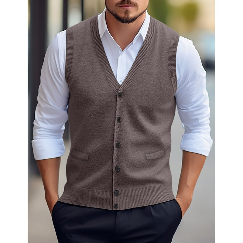 Men's Sleeveless Cardigan with V-Neck and Welt Pockets