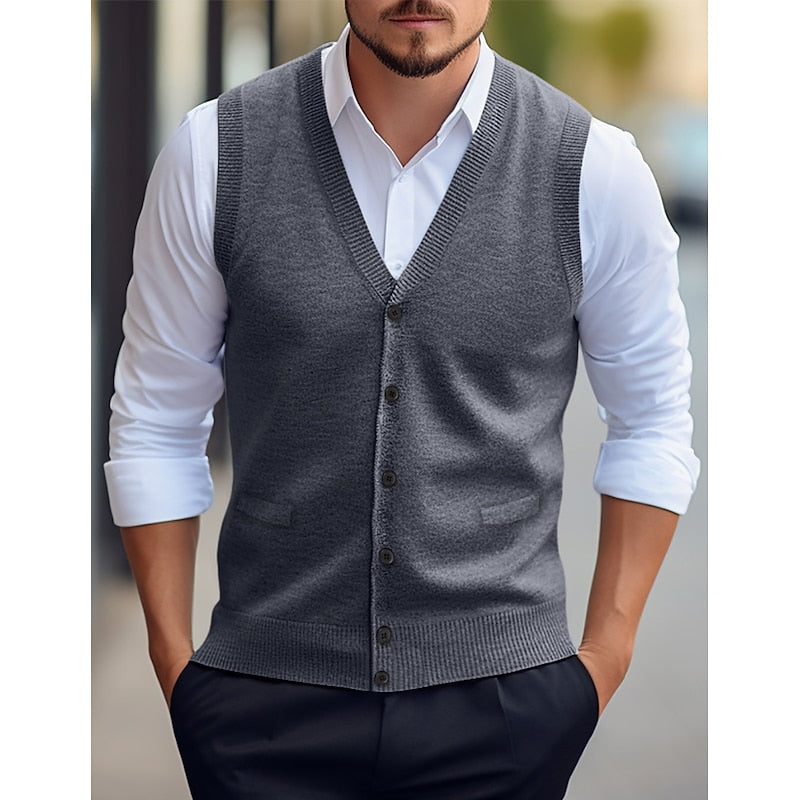 Men's Sleeveless Cardigan with V-Neck and Welt Pockets