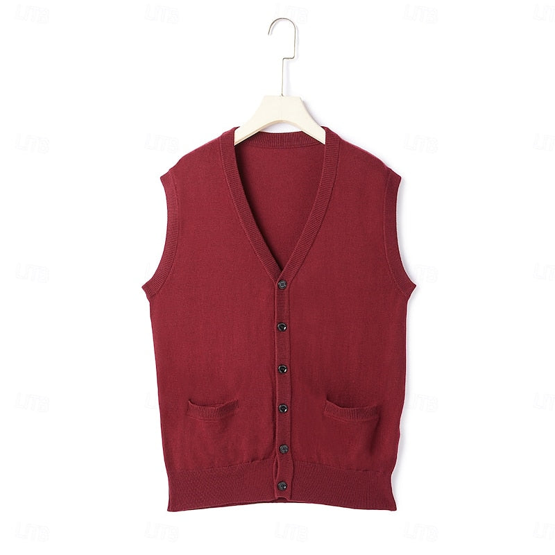Men's Sleeveless Cardigan with V-Neck and Welt Pockets