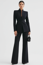 Suit Two Piece Fitted Blazer Stand Collar Flared Leg