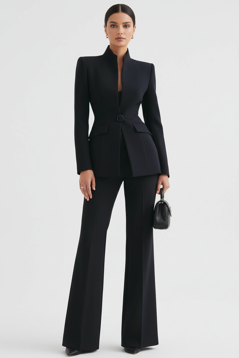 Suit Two Piece Fitted Blazer Stand Collar Flared Leg
