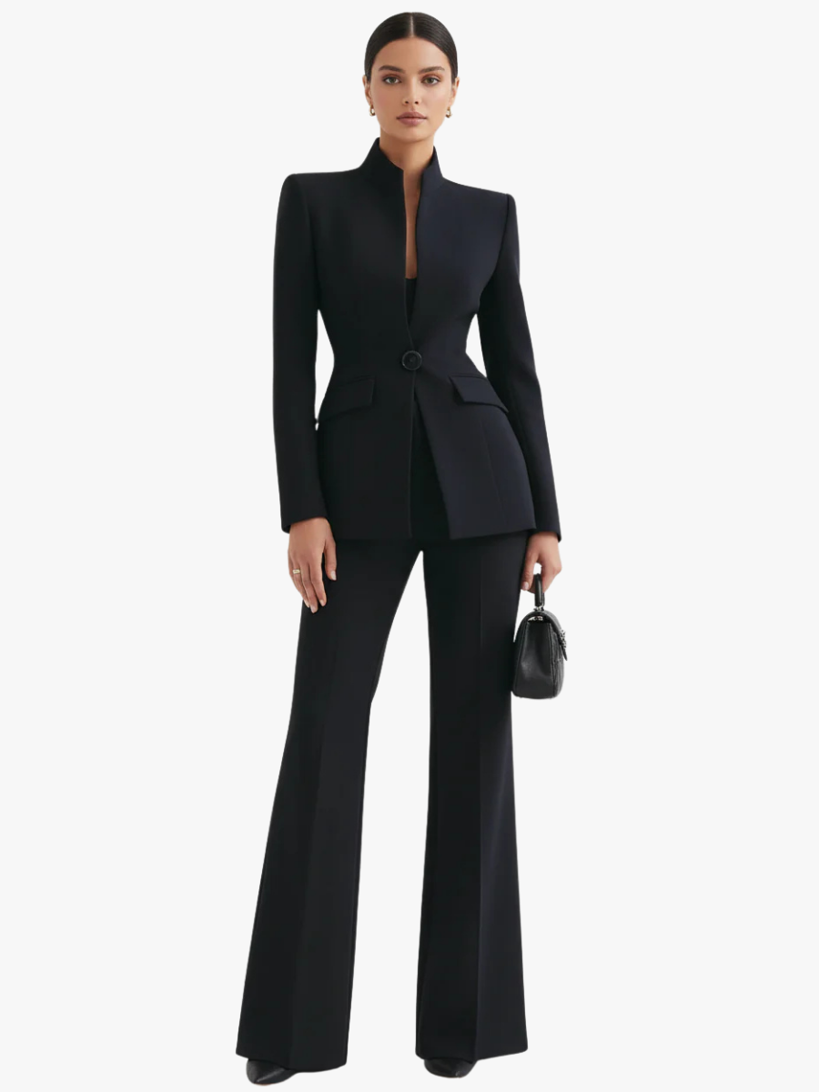 Suit Two Piece Fitted Blazer Stand Collar Flared Leg