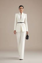 Suit Two Piece Fitted Blazer Stand Collar Flared Leg