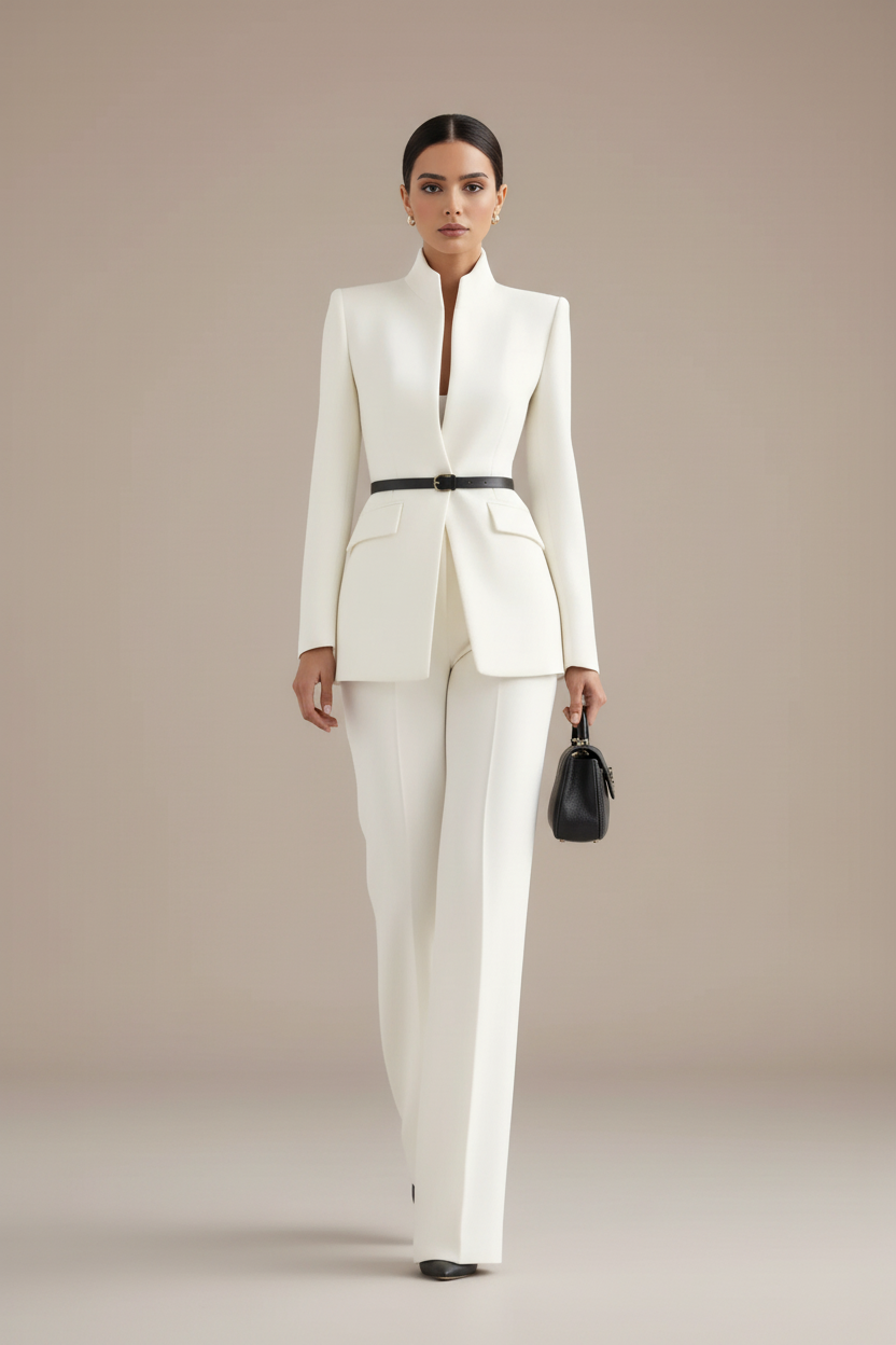 Suit Two Piece Fitted Blazer Stand Collar Flared Leg