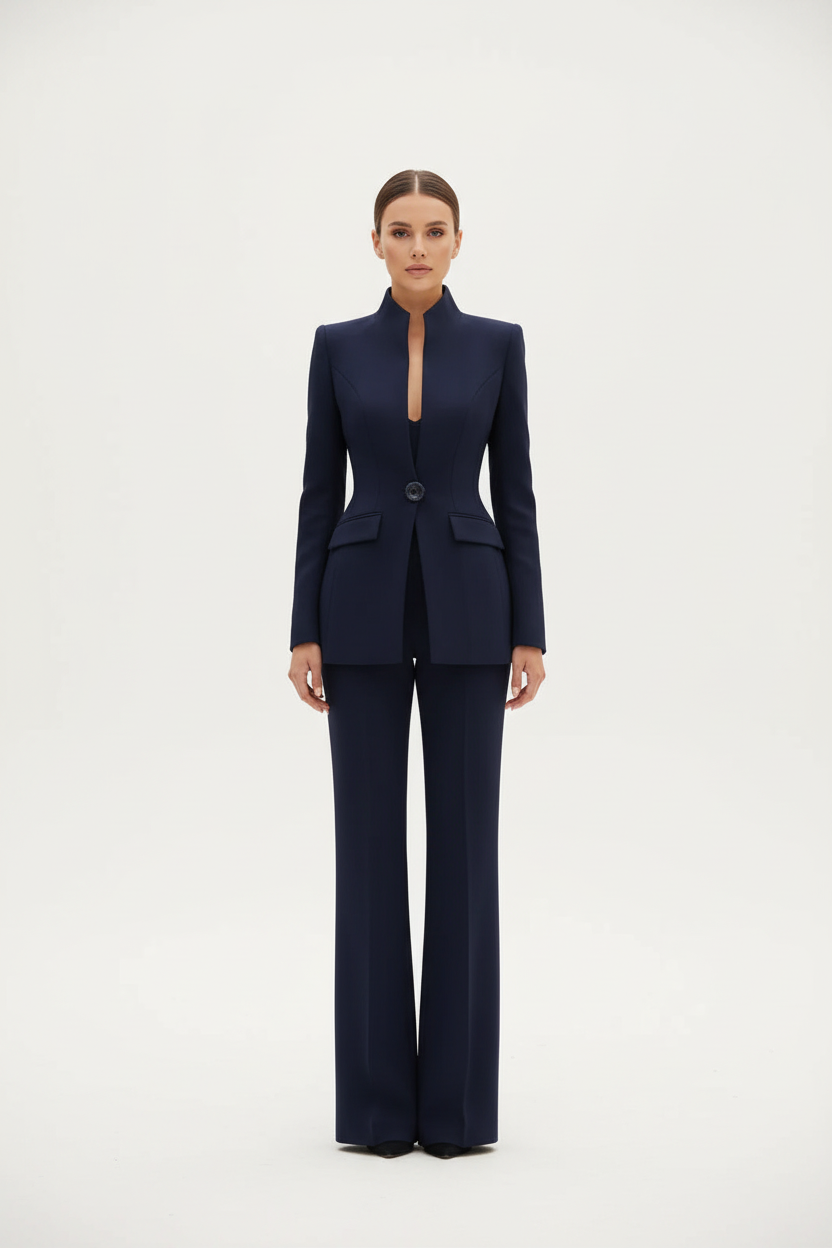 Suit Two Piece Fitted Blazer Stand Collar Flared Leg