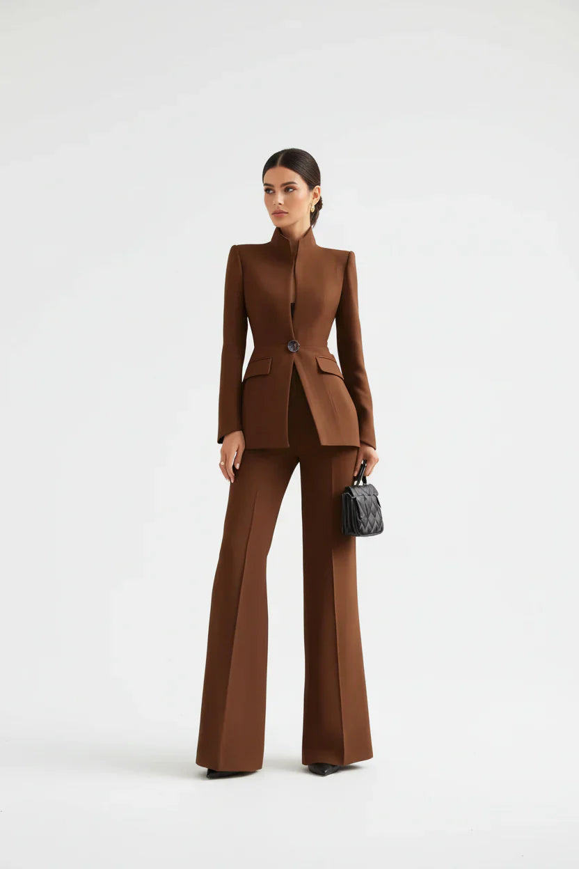Suit Two Piece Fitted Blazer Stand Collar Flared Leg