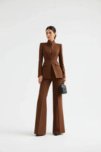 Suit Two Piece Fitted Blazer Stand Collar Flared Leg