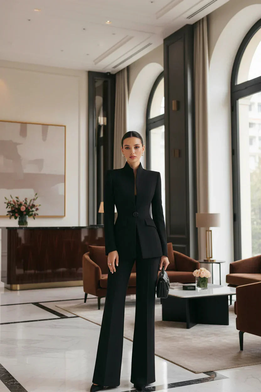 Suit Two Piece Fitted Blazer Stand Collar Flared Leg