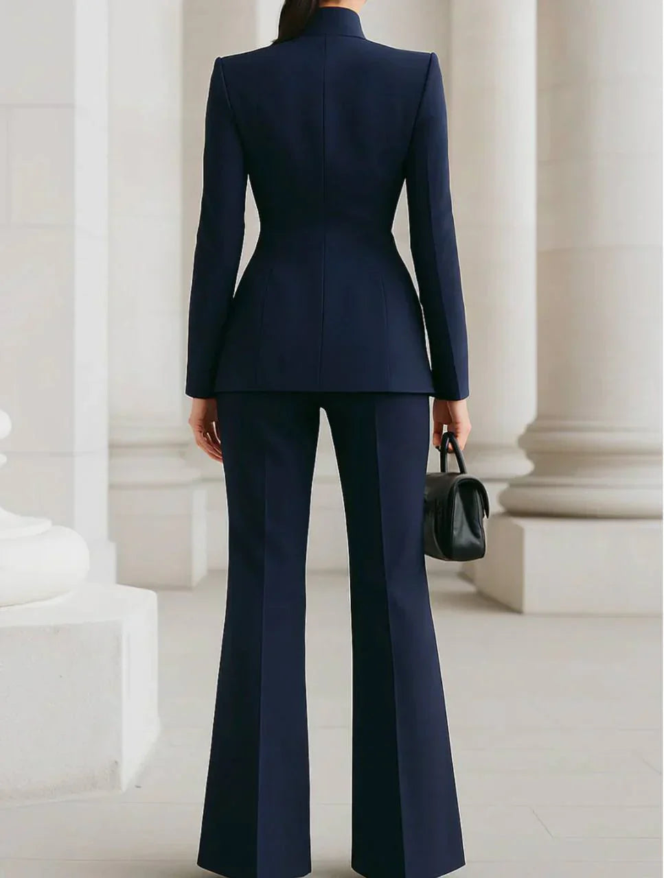 Suit Two Piece Fitted Blazer Stand Collar Flared Leg