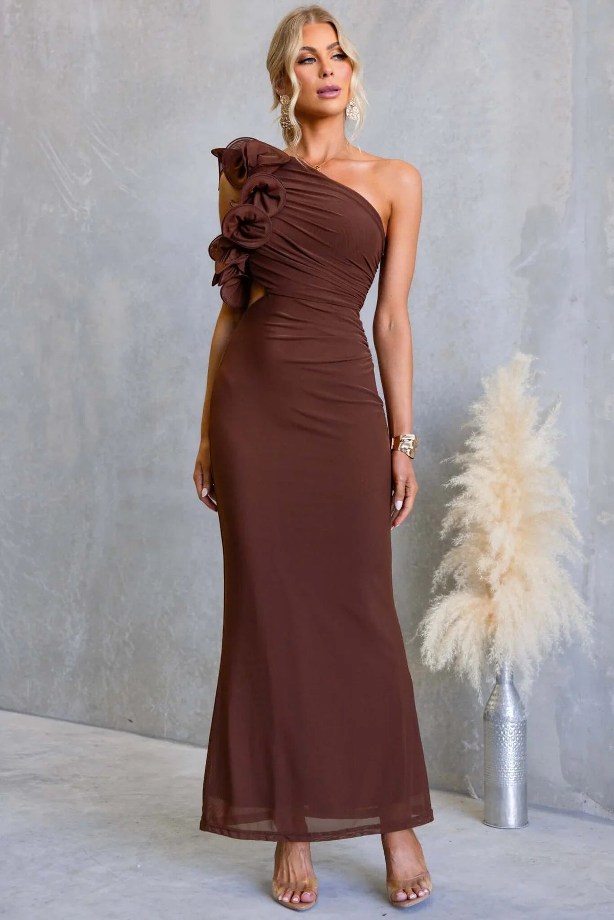 Ruzena | Women's Wedding Guest One-Shoulder Maxi Dress with Ruffles