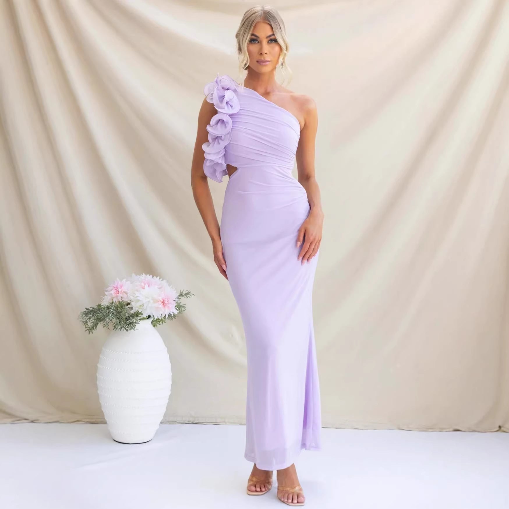 Ruzena | Women's Wedding Guest One-Shoulder Maxi Dress with Ruffles