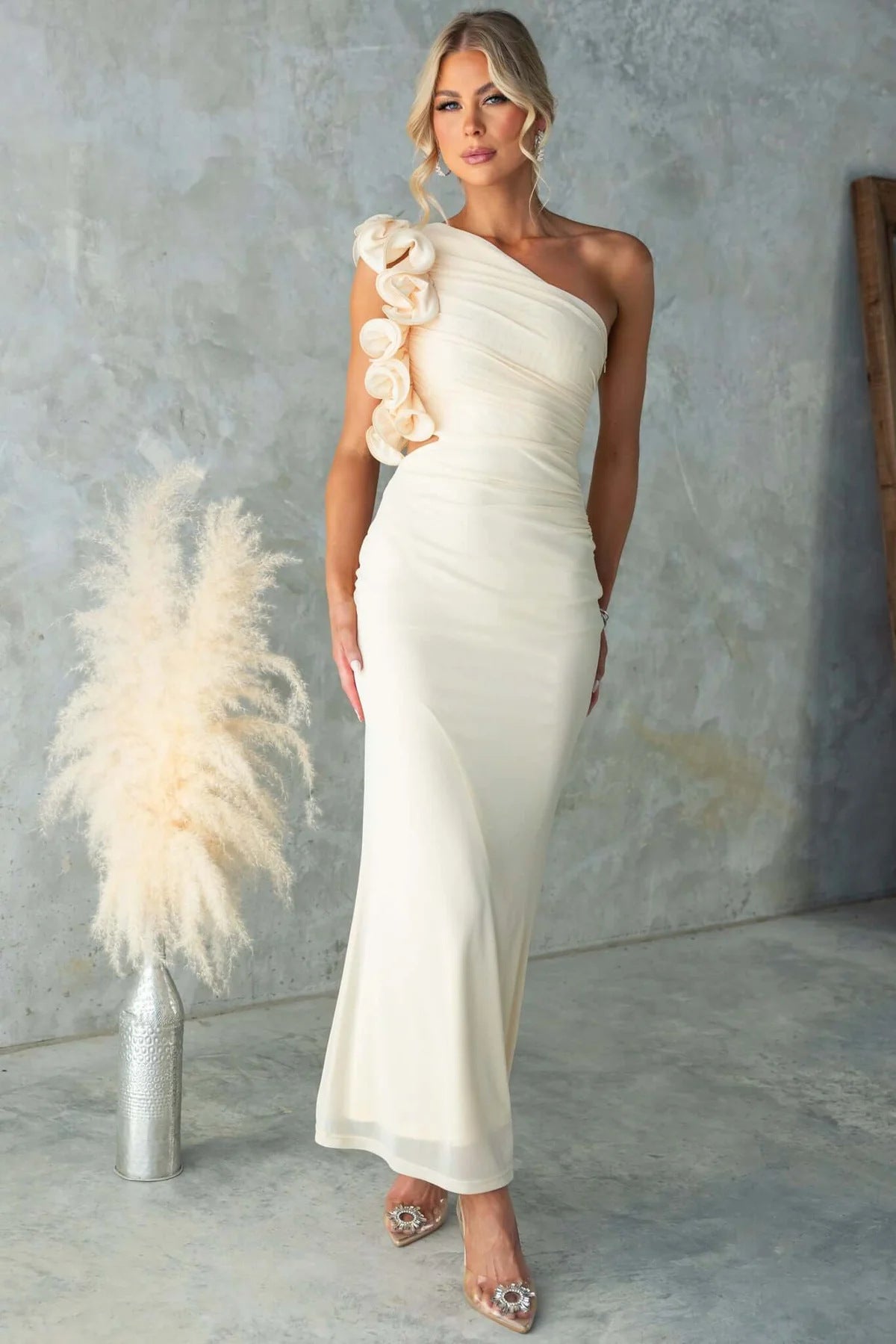 Ruzena | Women's Wedding Guest One-Shoulder Maxi Dress with Ruffles