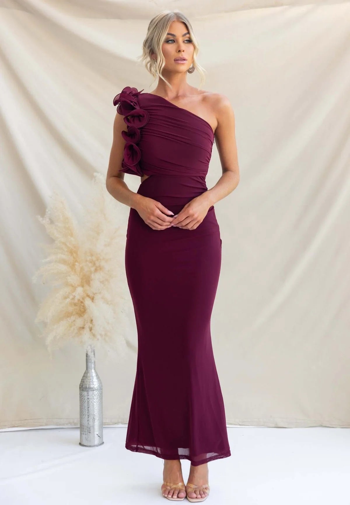 Ruzena | Women's Wedding Guest One-Shoulder Maxi Dress with Ruffles