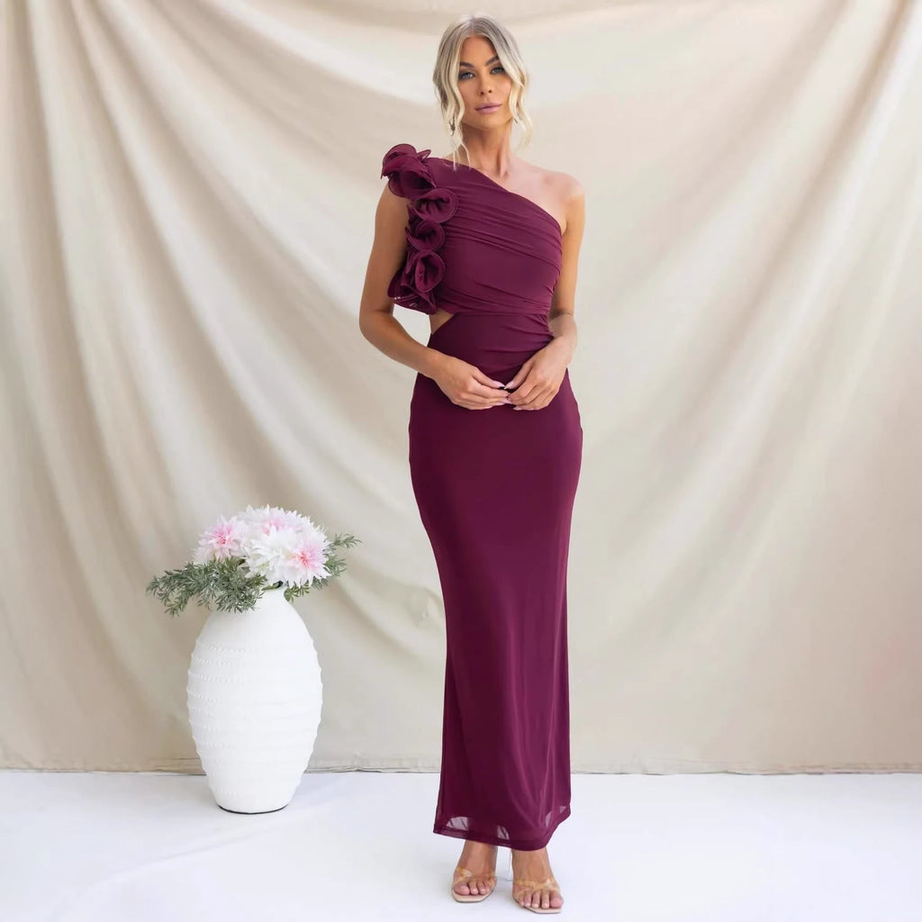Ruzena | Women's Wedding Guest One-Shoulder Maxi Dress with Ruffles