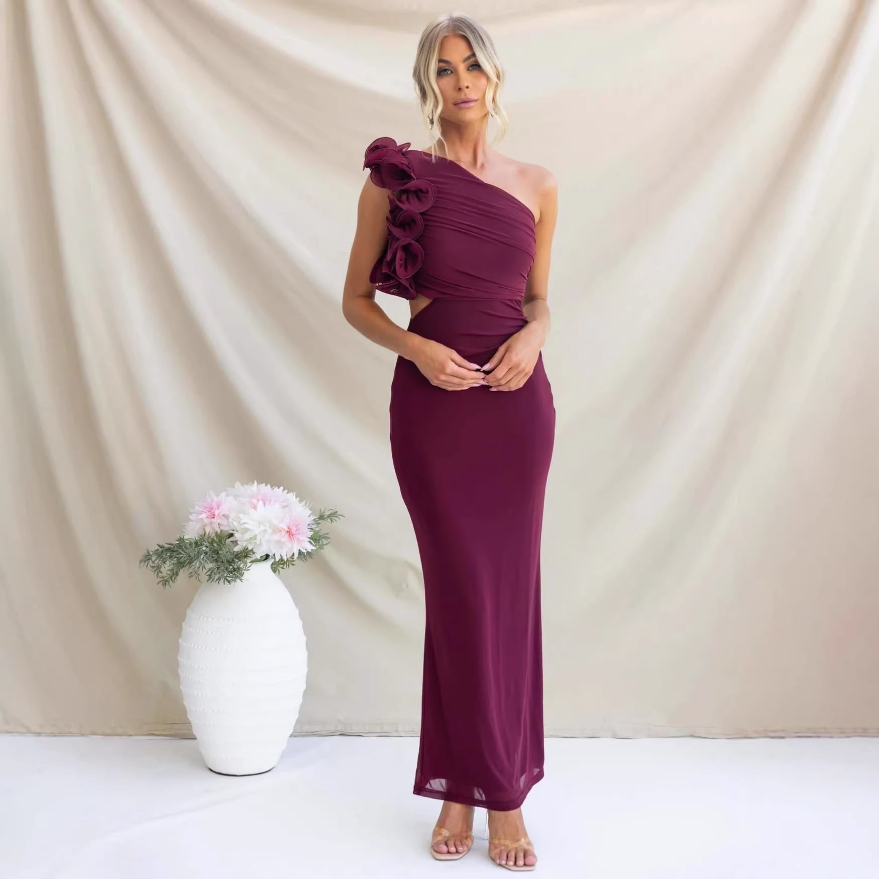Ruzena | Women's Wedding Guest One-Shoulder Maxi Dress with Ruffles