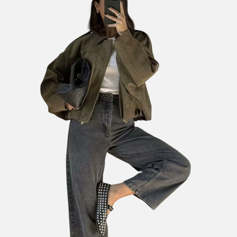 Suede Spring Jacket Zip Front Cropped Jacket — Warm